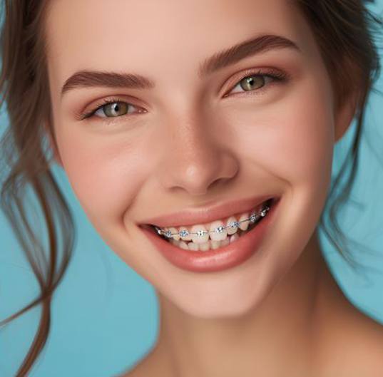 Smiling young woman with clear/ceramic braces